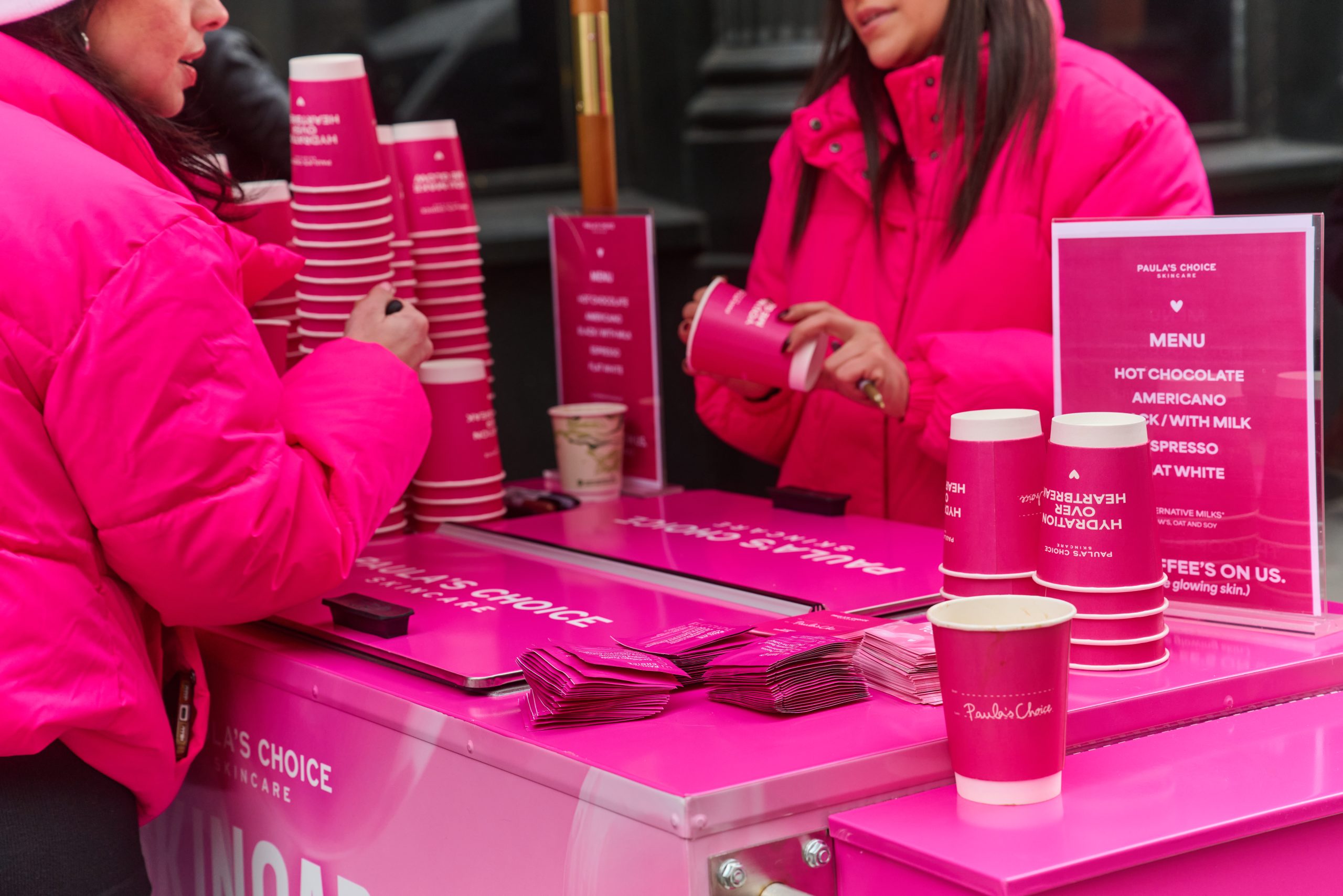 Paula's Choice branded coffee cart street activation in New York City
